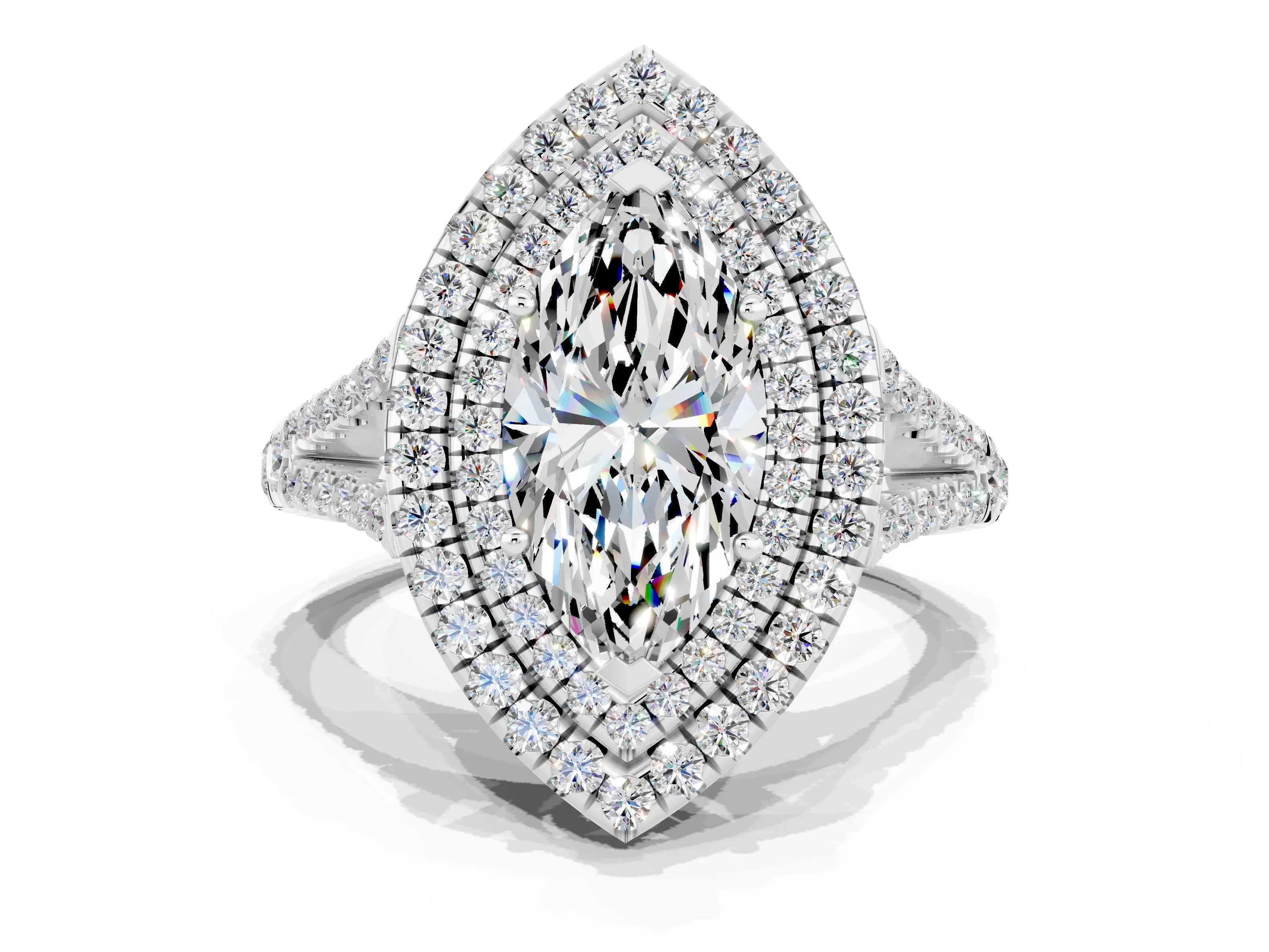 White gold Marquise Cut Moissanite Double Halo Ring with Pavé Band and Prong Setting_12