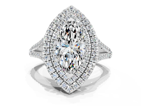 White gold Marquise Cut Moissanite Double Halo Ring with Pavé Band and Prong Setting
