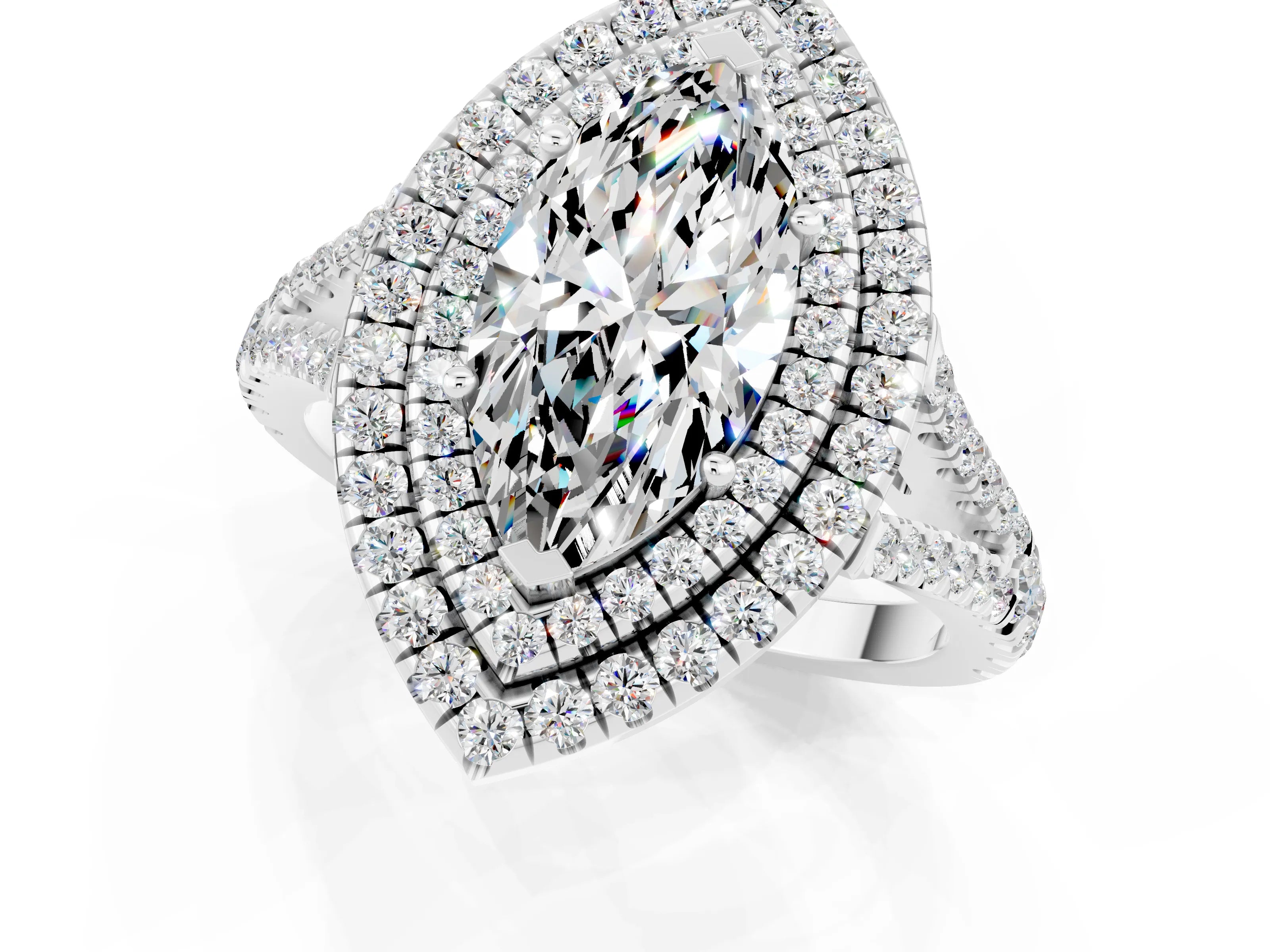 White gold Marquise Cut Moissanite Double Halo Ring with Pavé Band and Prong Setting_13