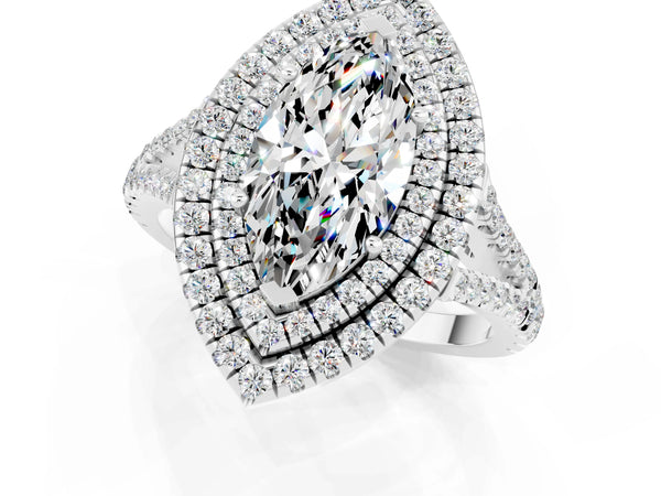 Silver Marquise Cut Moissanite Double Halo Ring with Pavé Band and Prong Setting