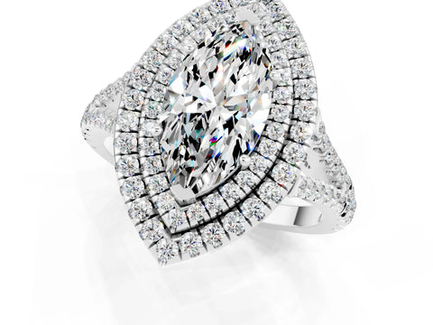 White gold Marquise Cut Moissanite Double Halo Ring with Pavé Band and Prong Setting_13