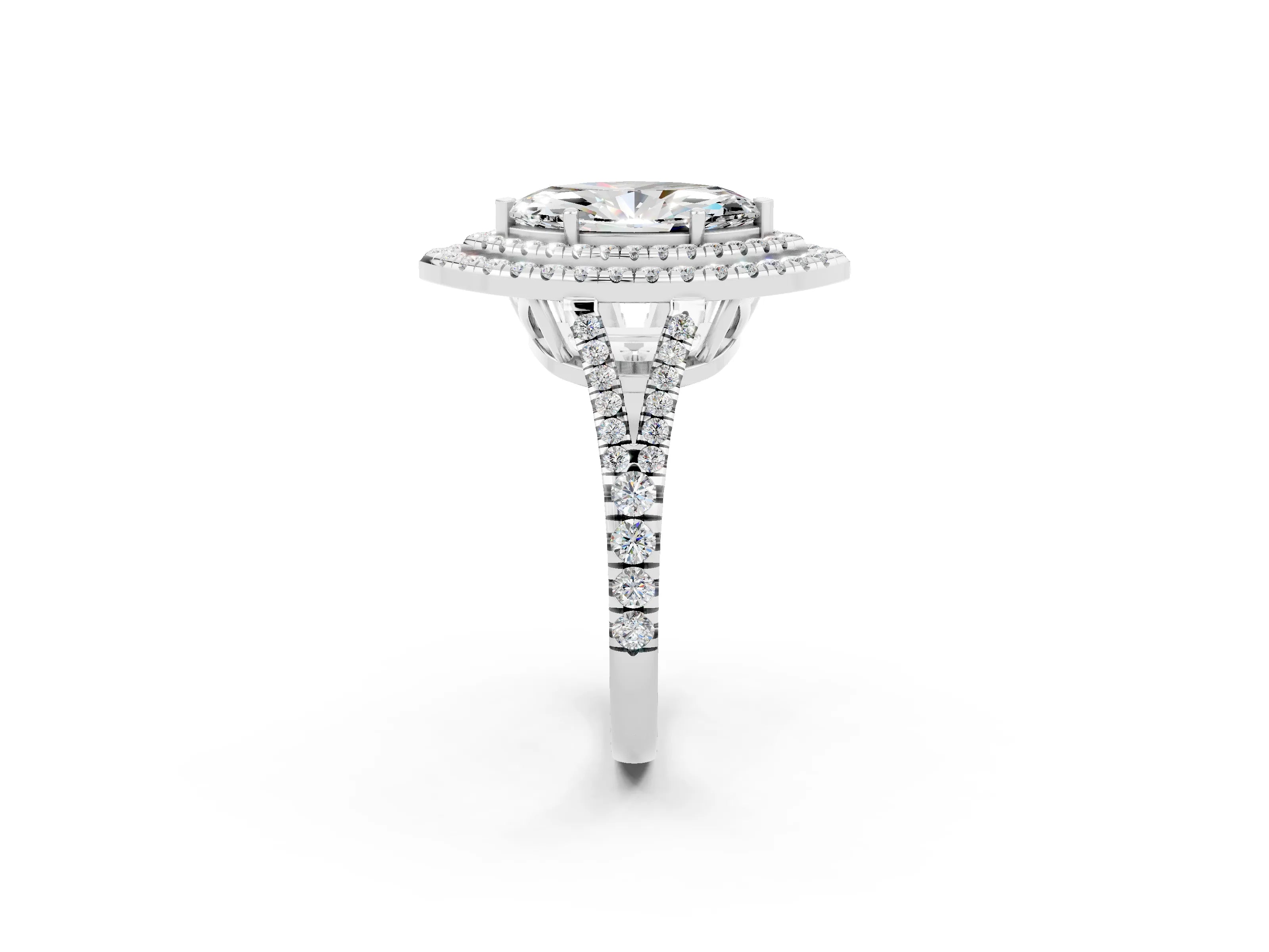 White gold Marquise Cut Moissanite Double Halo Ring with Pavé Band and Prong Setting_14