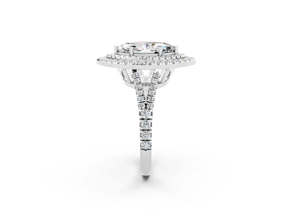 Silver Marquise Cut Moissanite Double Halo Ring with Pavé Band and Prong Setting