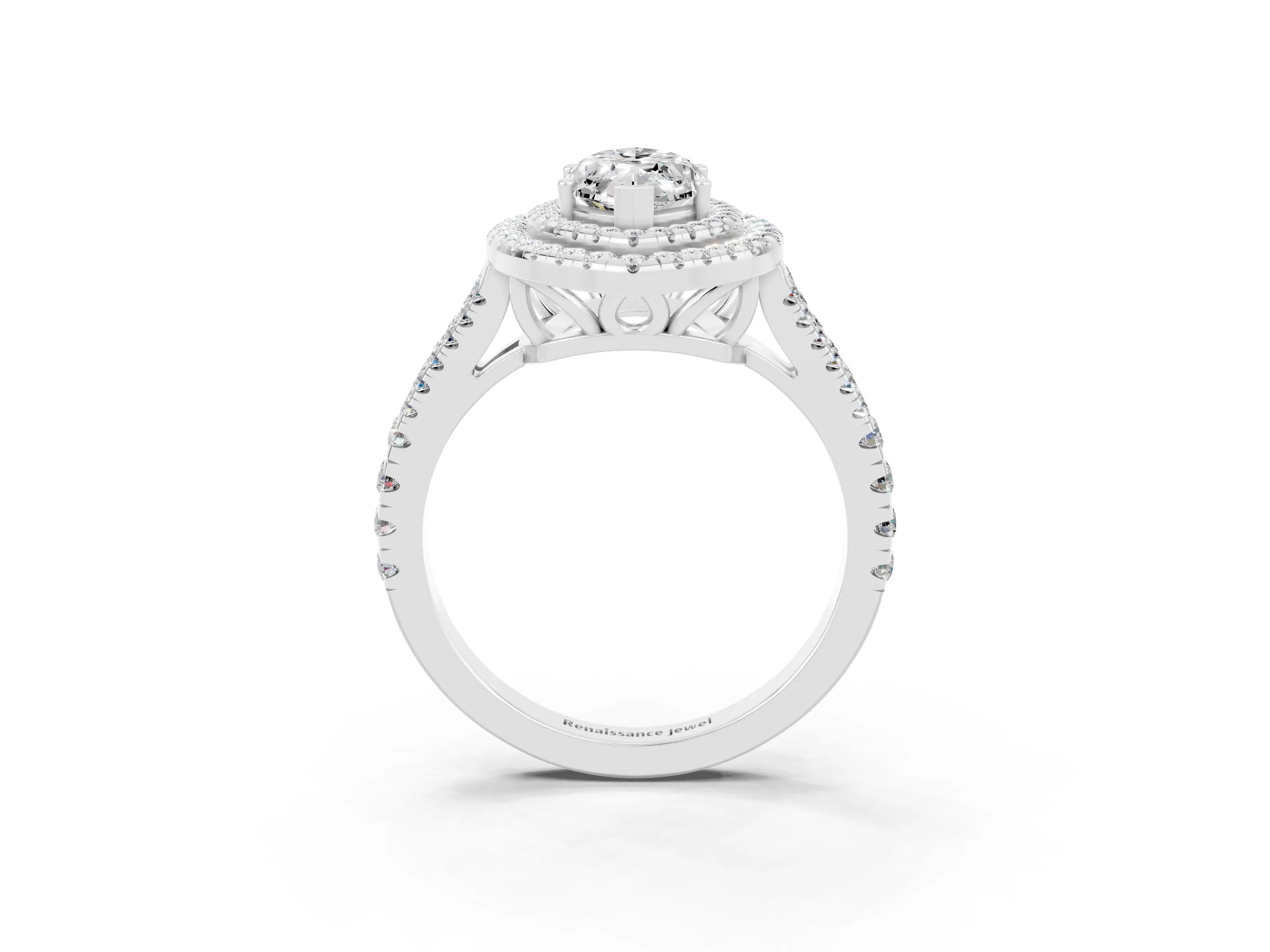 White gold Marquise Cut Moissanite Double Halo Ring with Pavé Band and Prong Setting_15