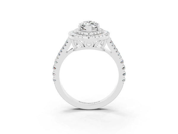 Platinum Marquise Cut Moissanite Double Halo Ring with Pavé Band and Prong Setting