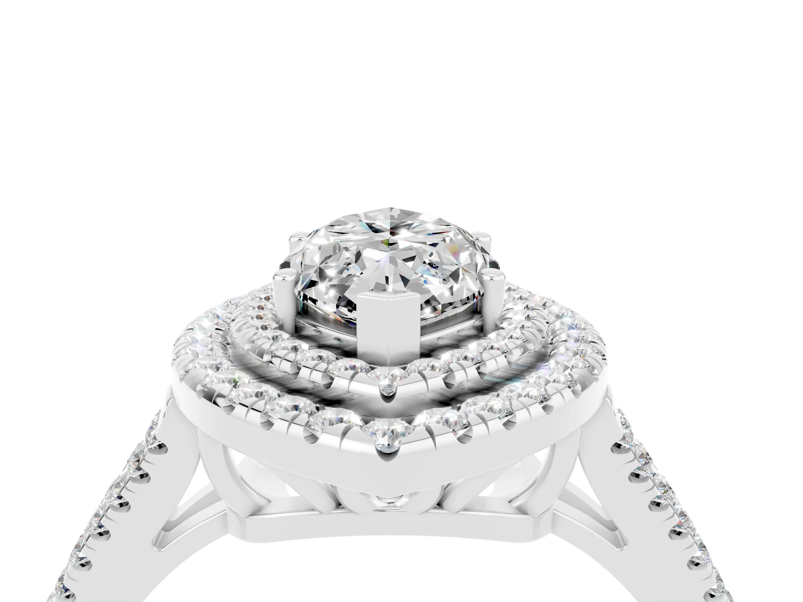White gold Marquise Cut Moissanite Double Halo Ring with Pavé Band and Prong Setting_16