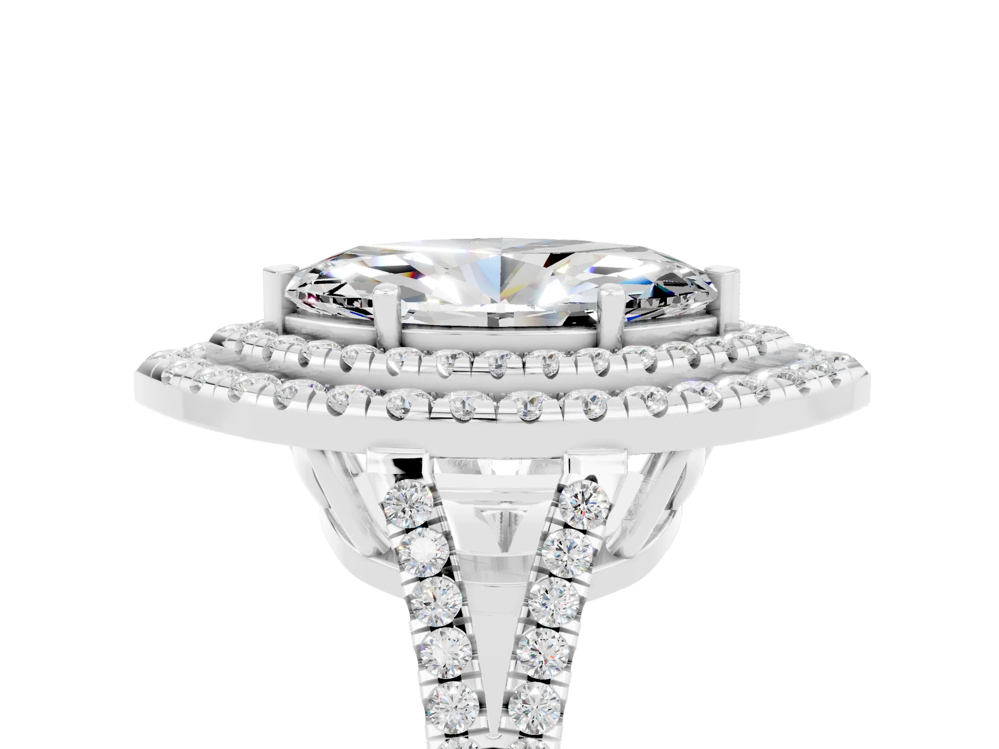 White gold Marquise Cut Moissanite Double Halo Ring with Pavé Band and Prong Setting_17