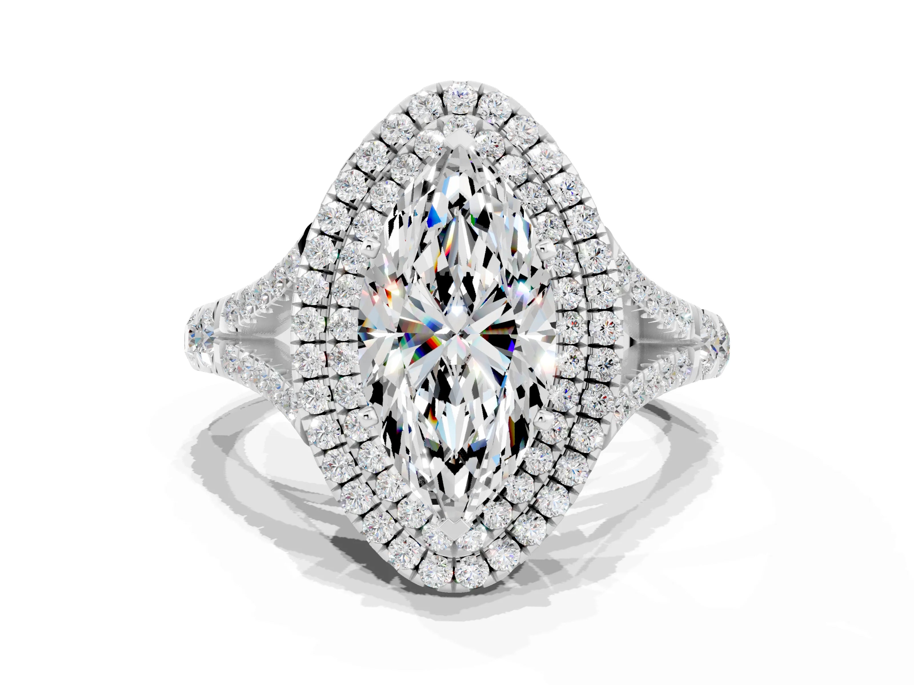 White gold Marquise Cut Moissanite Double Halo Ring with Split Shank and Prong Setting_12