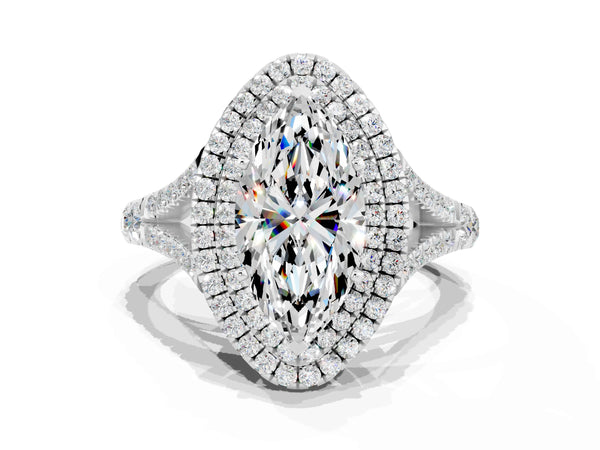 Silver Marquise Cut Moissanite Double Halo Ring with Split Shank and Prong Setting