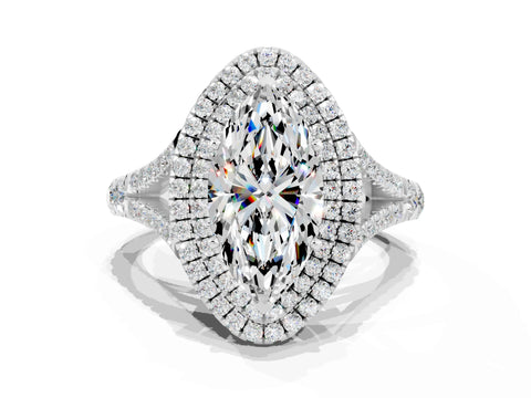 White gold Marquise Cut Moissanite Double Halo Ring with Split Shank and Prong Setting_12