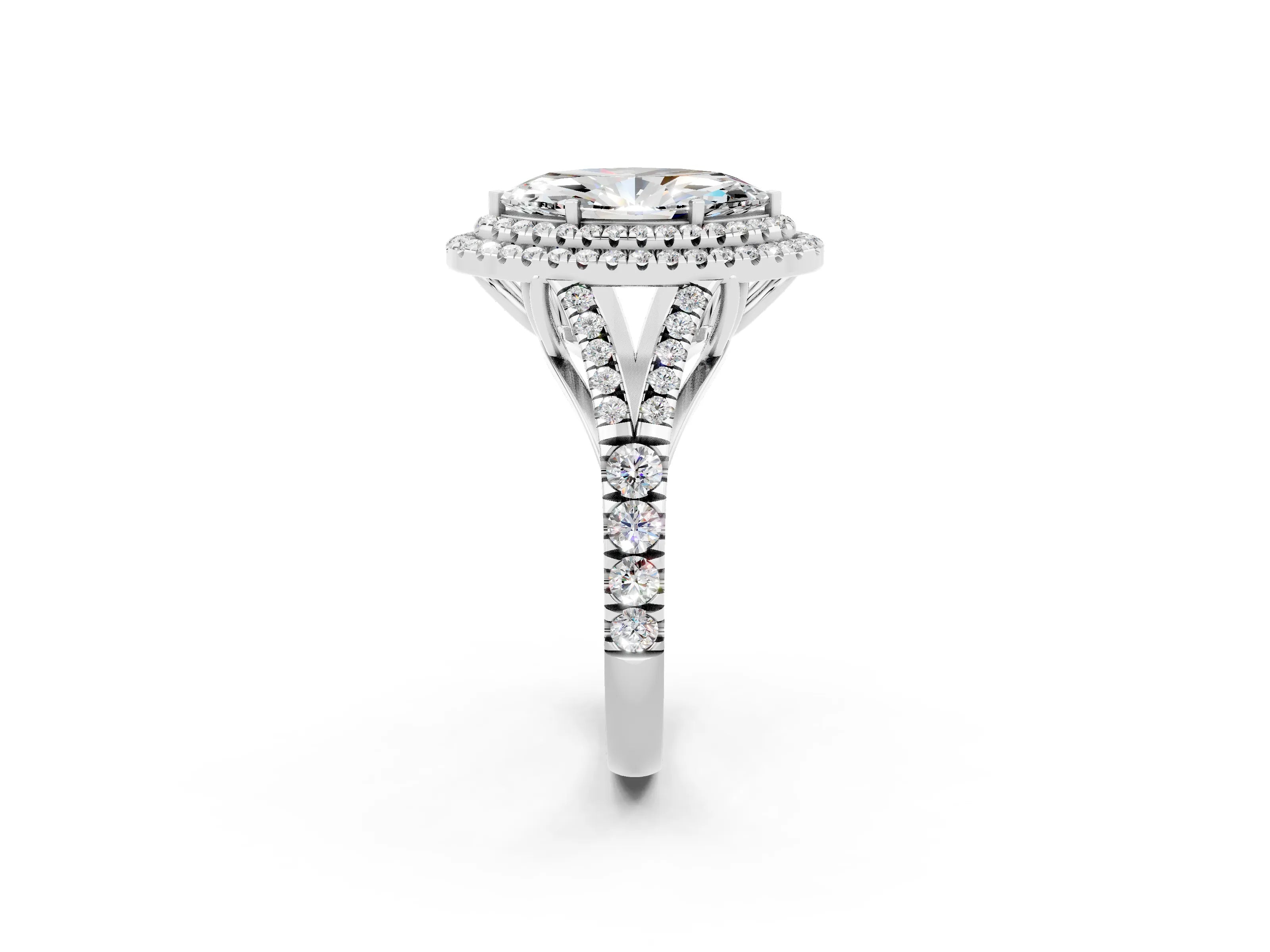 White gold Marquise Cut Moissanite Double Halo Ring with Split Shank and Prong Setting_14