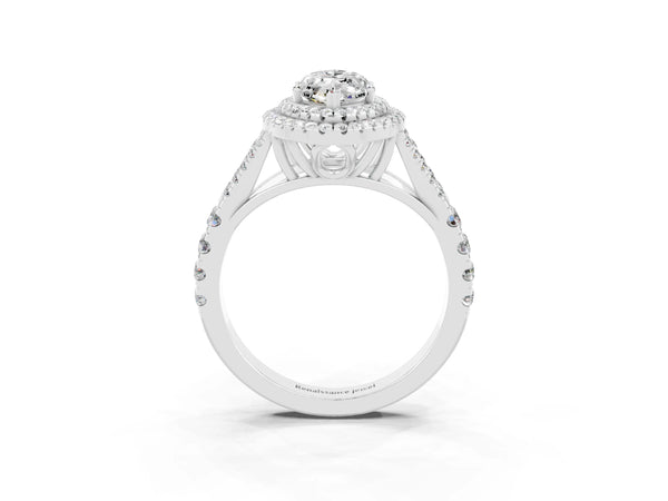 Platinum Marquise Cut Moissanite Double Halo Ring with Split Shank and Prong Setting