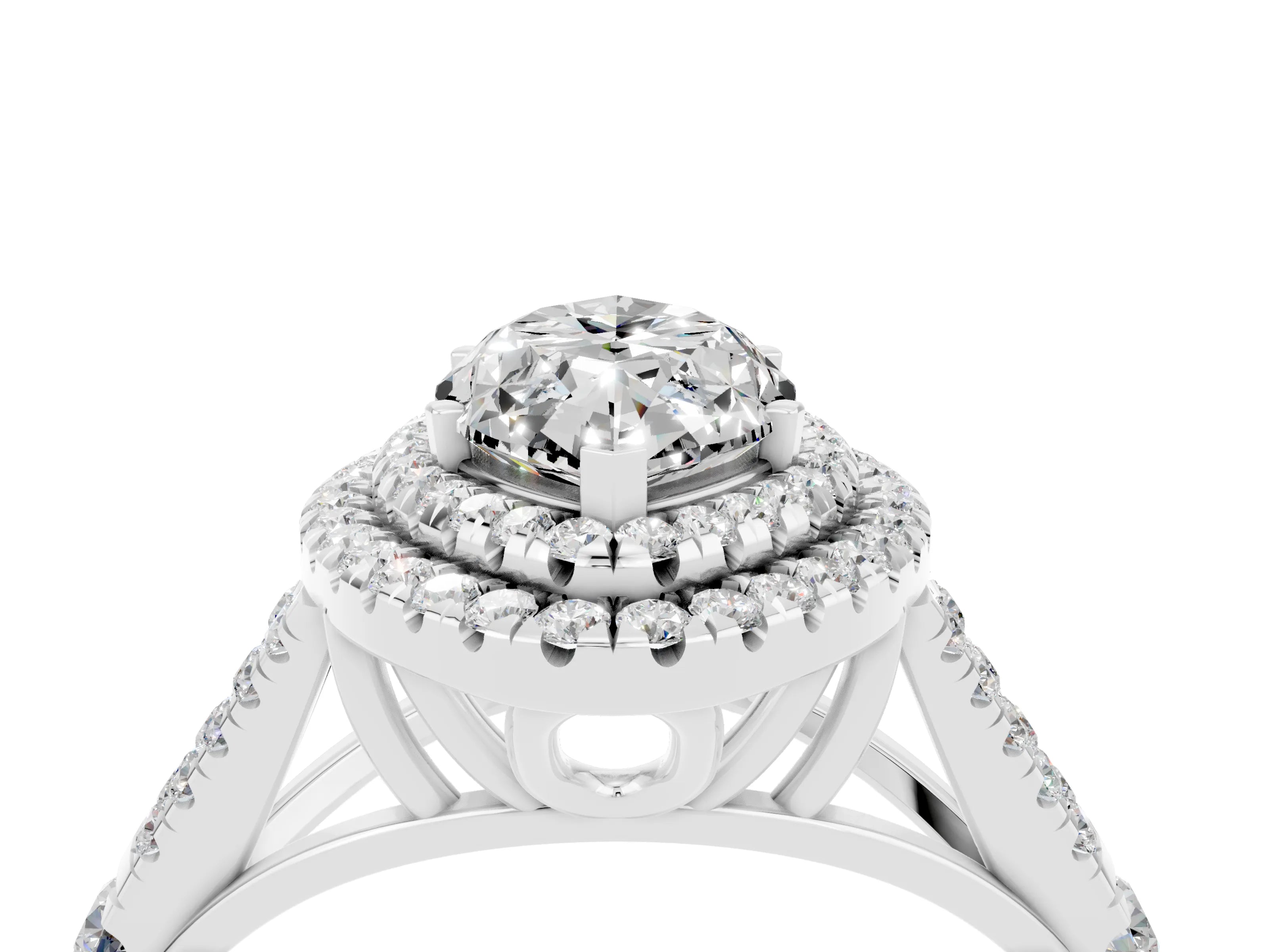 White gold Marquise Cut Moissanite Double Halo Ring with Split Shank and Prong Setting_16