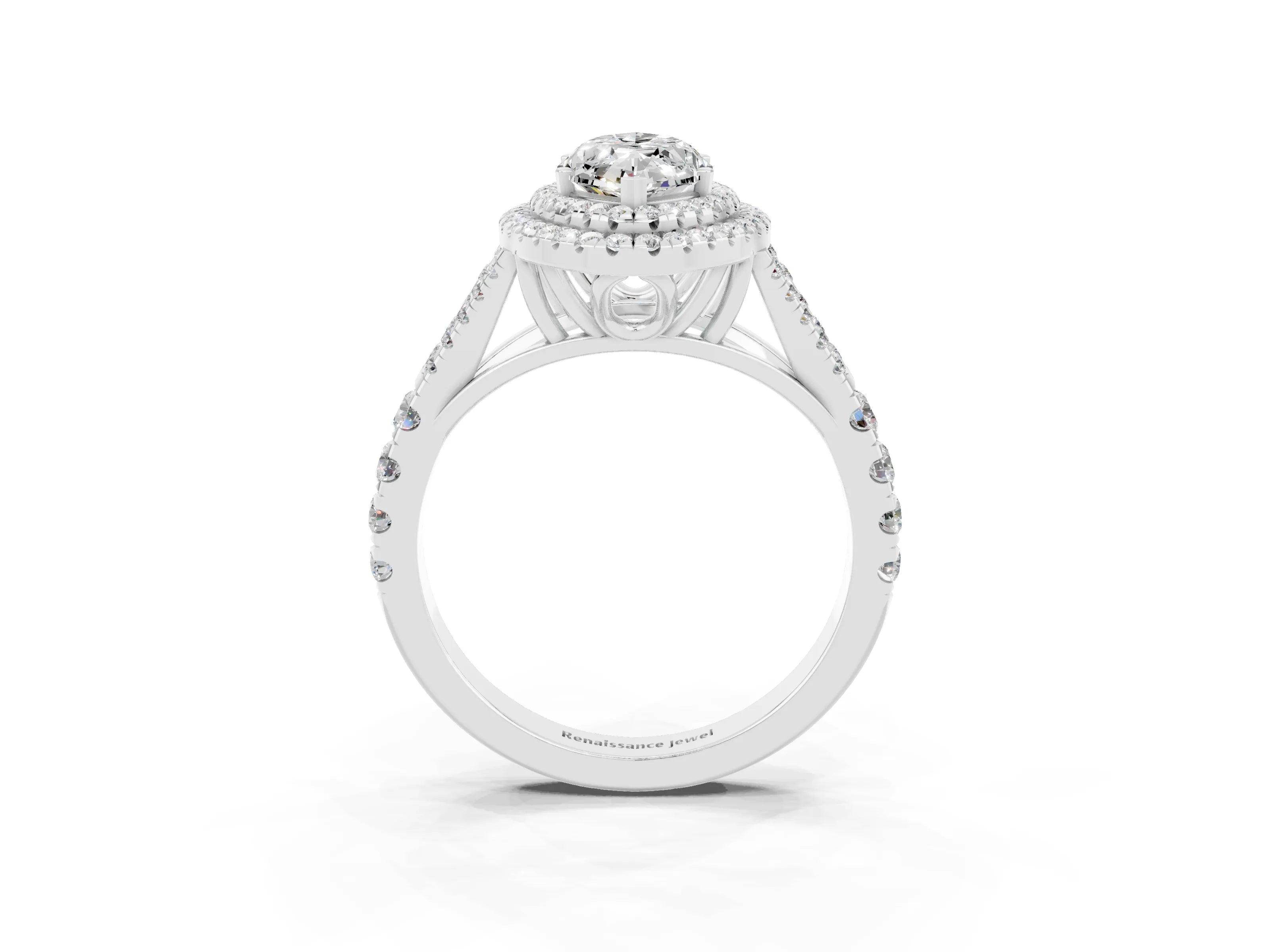 White gold Marquise Cut Moissanite Double Halo Ring with Split Shank and Prong Setting_27