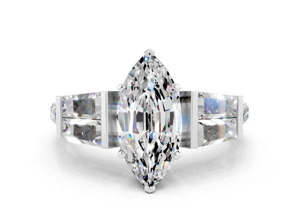 Platinum Marquise Cut Moissanite Engagement Ring with Baguette Side Stones and Channel Set Band