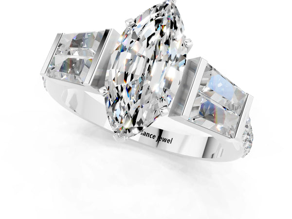 Platinum Marquise Cut Moissanite Engagement Ring with Baguette Side Stones and Channel Set Band