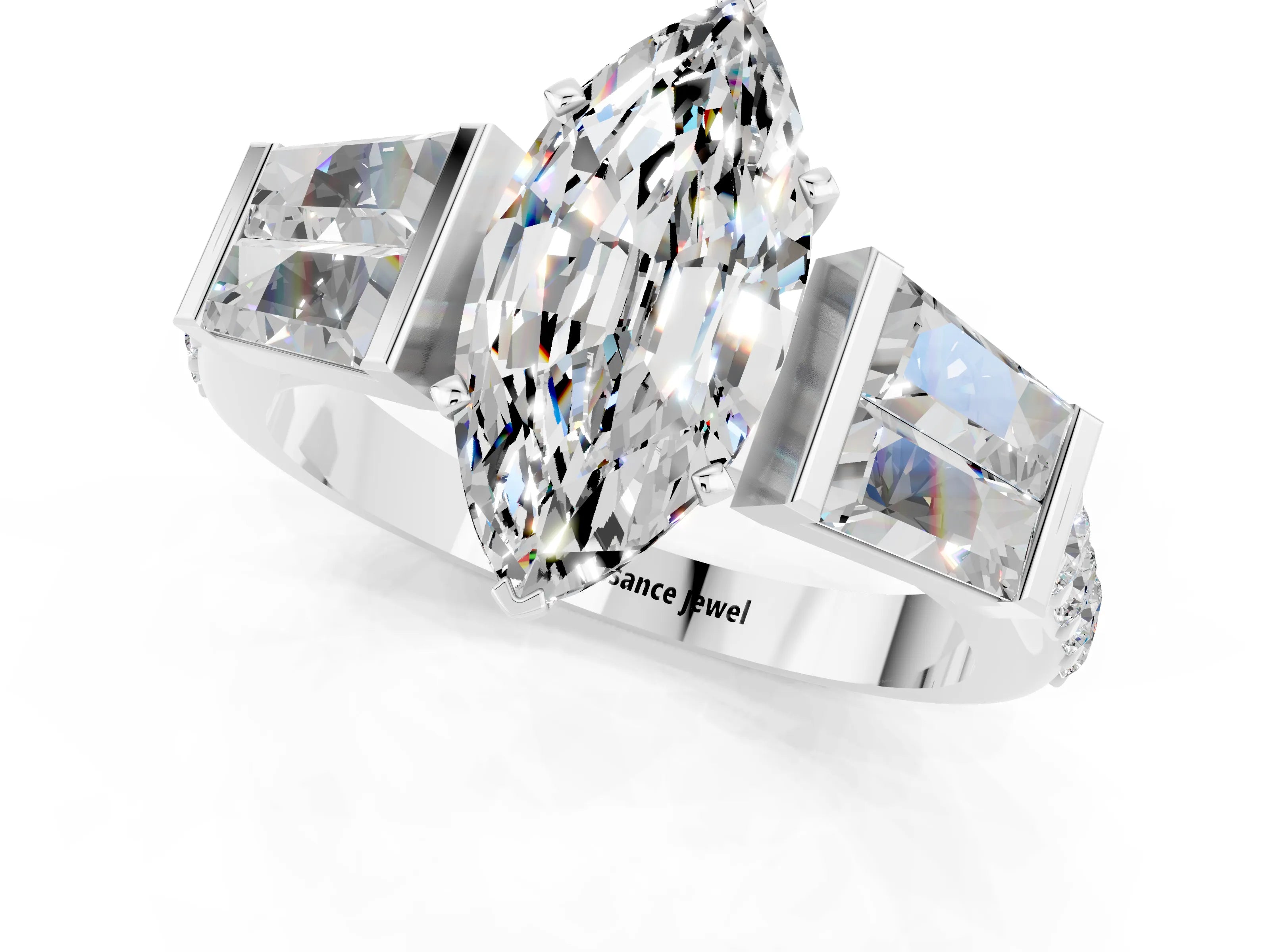 White gold Marquise Cut Moissanite Engagement Ring with Baguette Side Stones and Channel Set Band_1