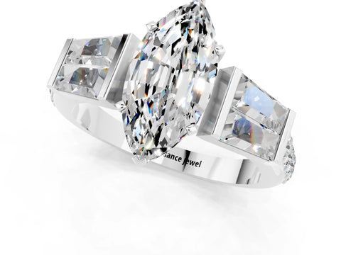 White gold Marquise Cut Moissanite Engagement Ring with Baguette Side Stones and Channel Set Band_1