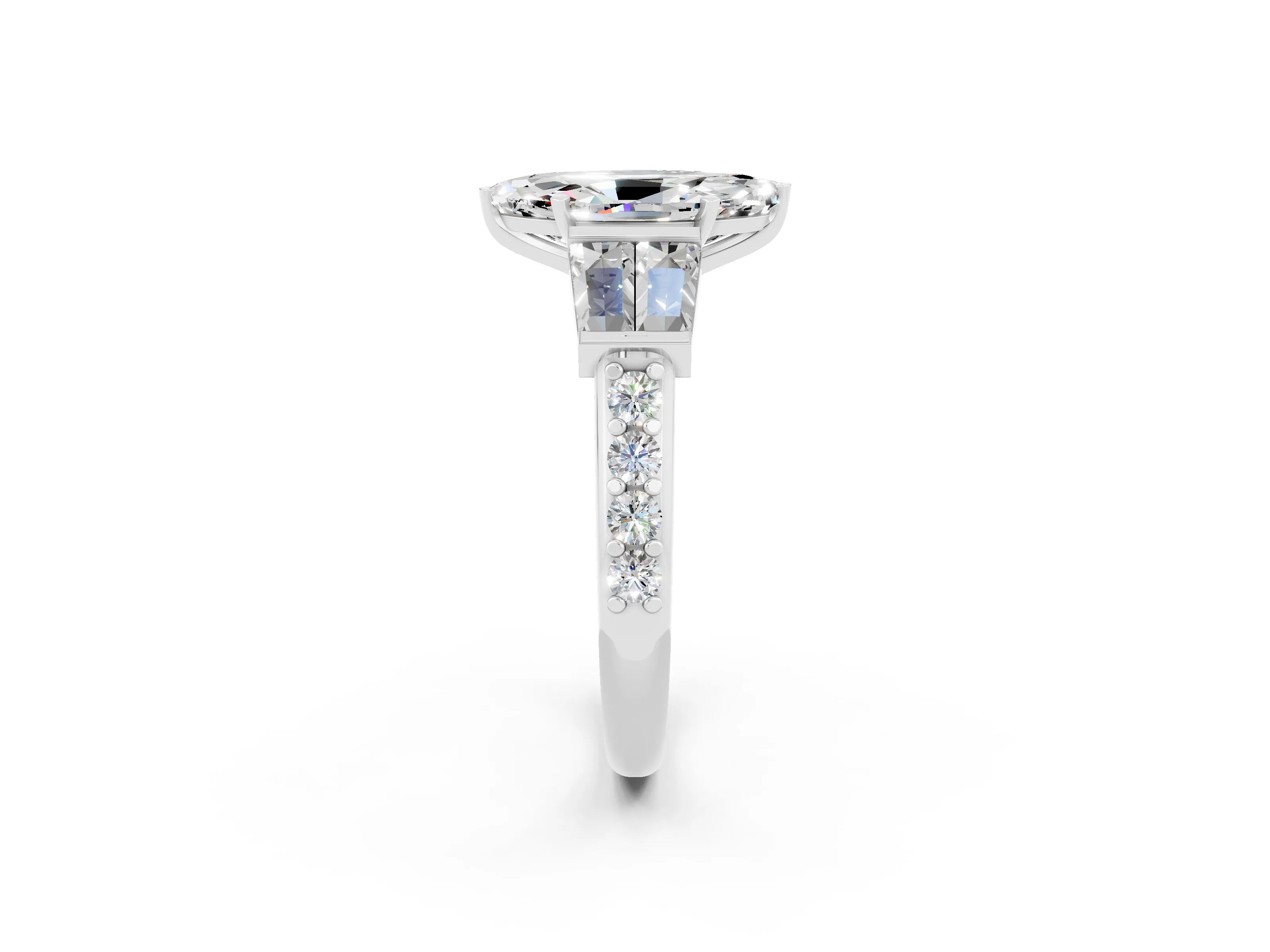 White gold Marquise Cut Moissanite Engagement Ring with Baguette Side Stones and Channel Set Band_2