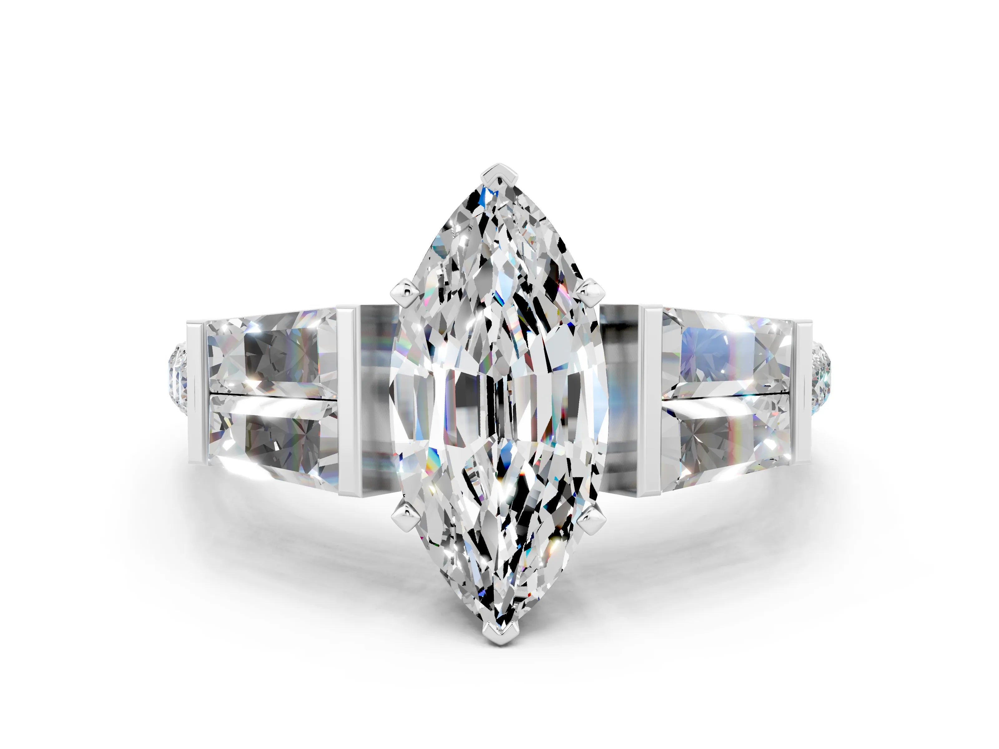 White gold Marquise Cut Moissanite Engagement Ring with Baguette Side Stones and Channel Set Band