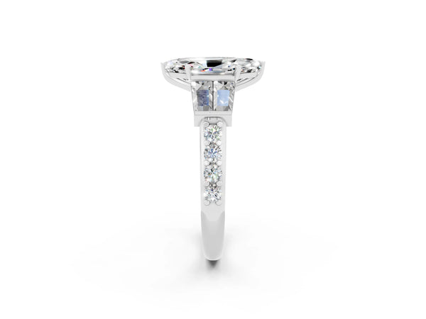 White gold Marquise Cut Moissanite Engagement Ring with Baguette Side Stones and Channel Set Band