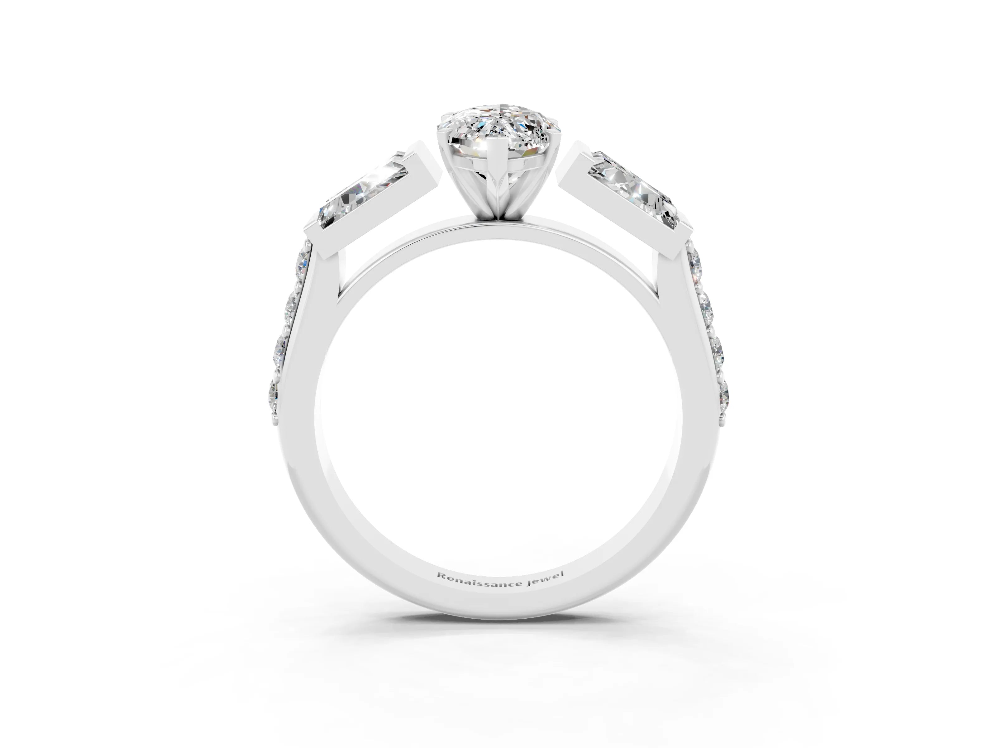 White gold Marquise Cut Moissanite Engagement Ring with Baguette Side Stones and Channel Set Band_3