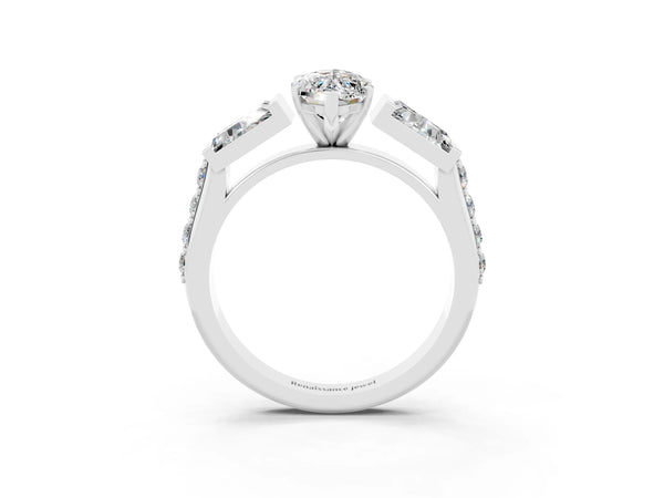 Silver Marquise Cut Moissanite Engagement Ring with Baguette Side Stones and Channel Set Band