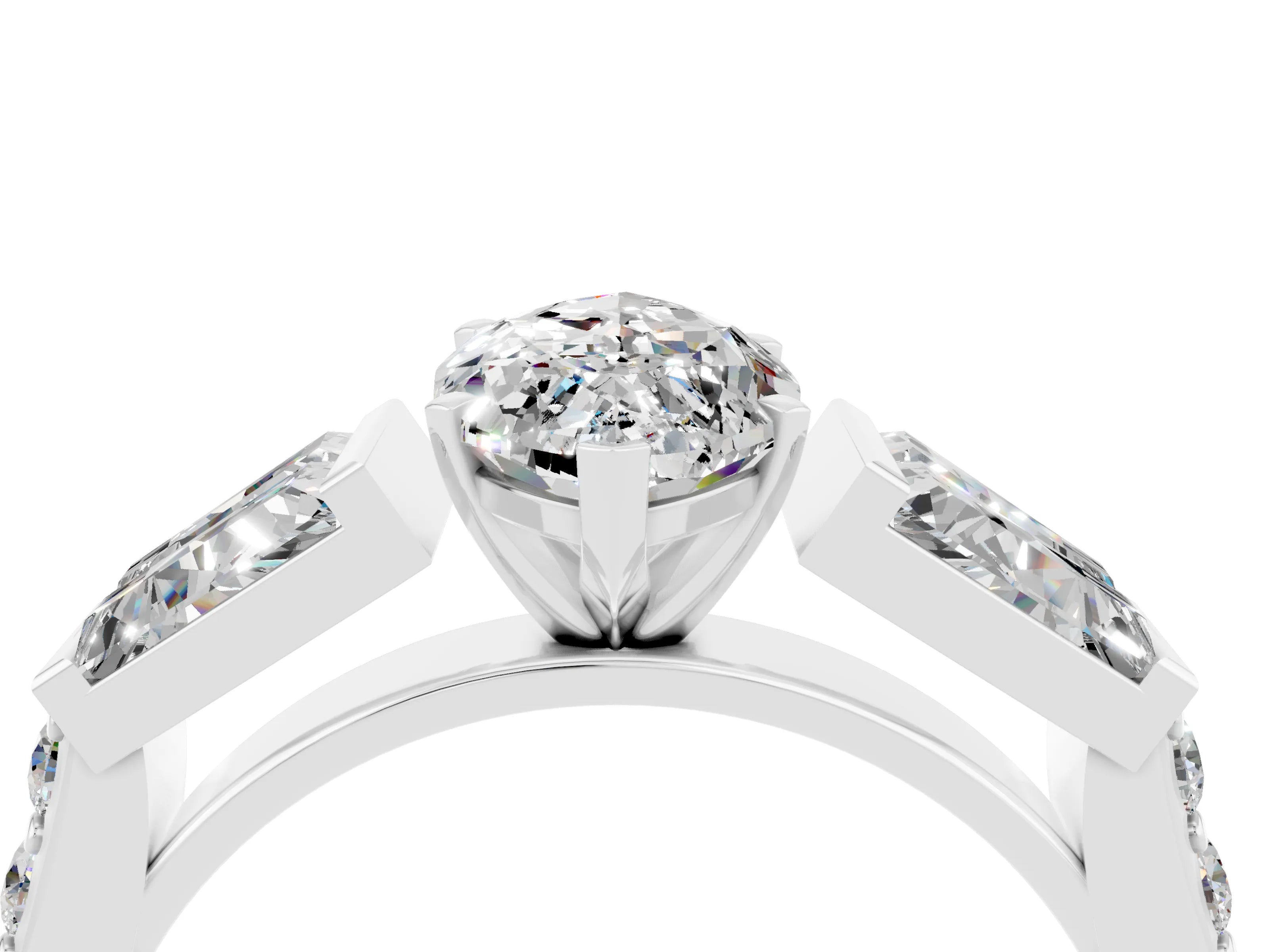 White gold Marquise Cut Moissanite Engagement Ring with Baguette Side Stones and Channel Set Band_4