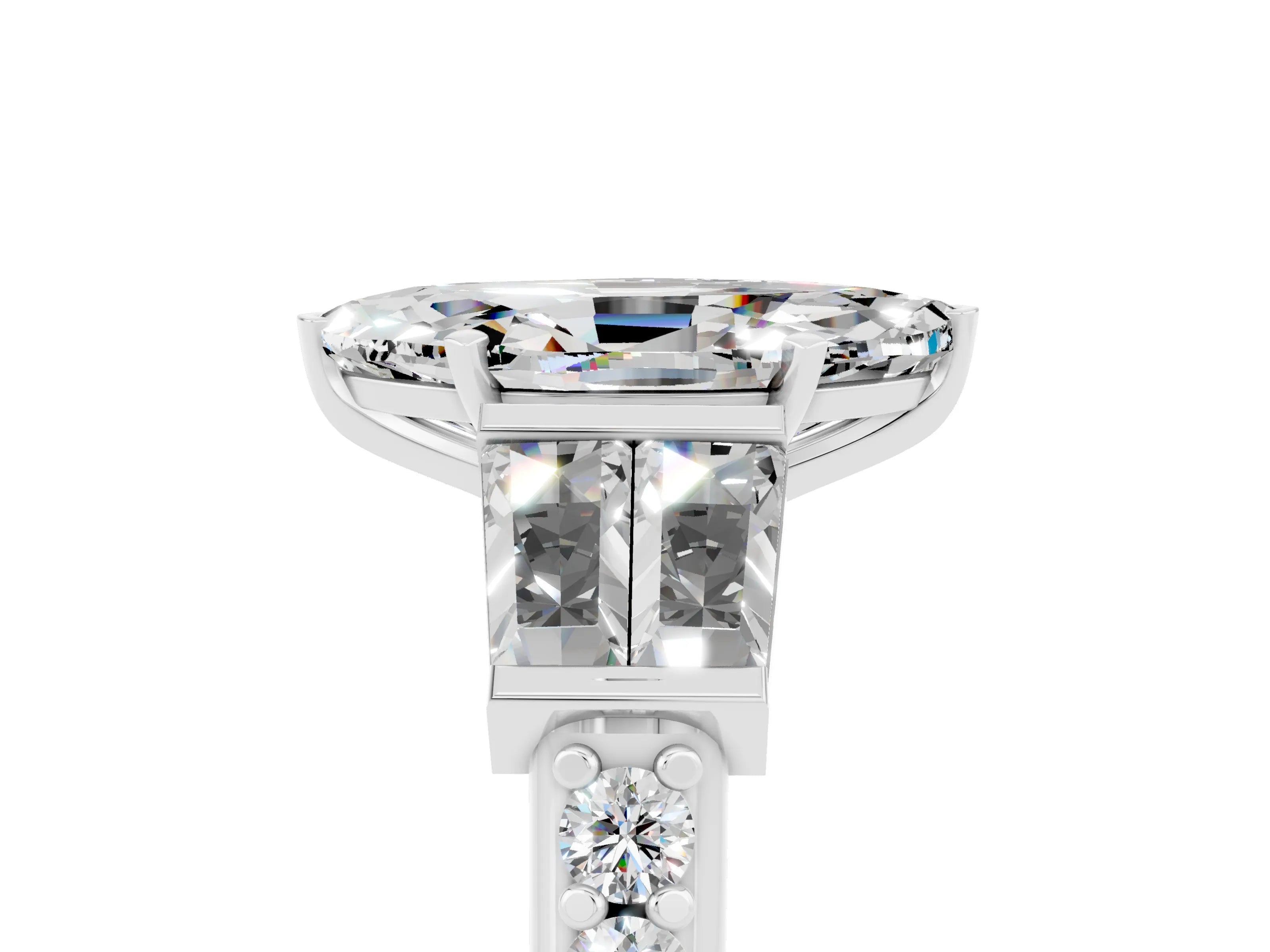 White gold Marquise Cut Moissanite Engagement Ring with Baguette Side Stones and Channel Set Band_5