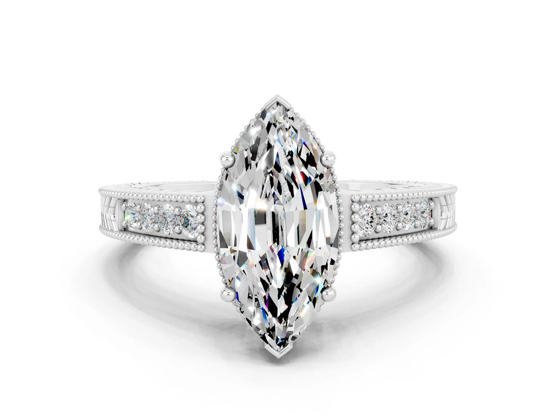White gold Marquise Cut Moissanite Engagement Ring with Milgrain Channel Set Band and Prong Setting