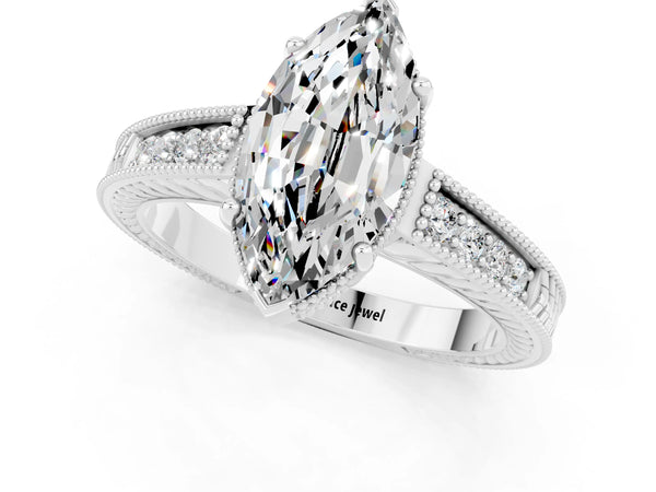 Silver Marquise Cut Moissanite Engagement Ring with Milgrain Channel Set Band and Prong Setting