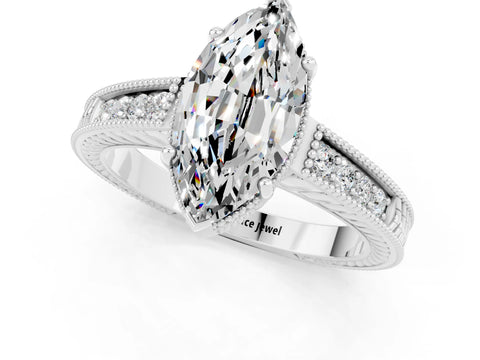 White gold Marquise Cut Moissanite Engagement Ring with Milgrain Channel Set Band and Prong Setting_1