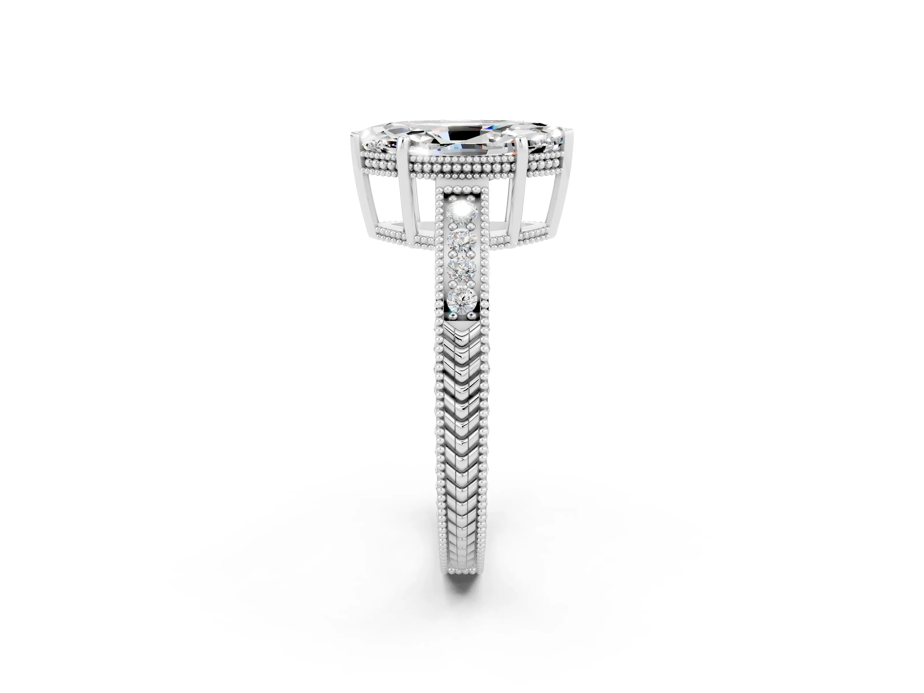 White gold Marquise Cut Moissanite Engagement Ring with Milgrain Channel Set Band and Prong Setting_2