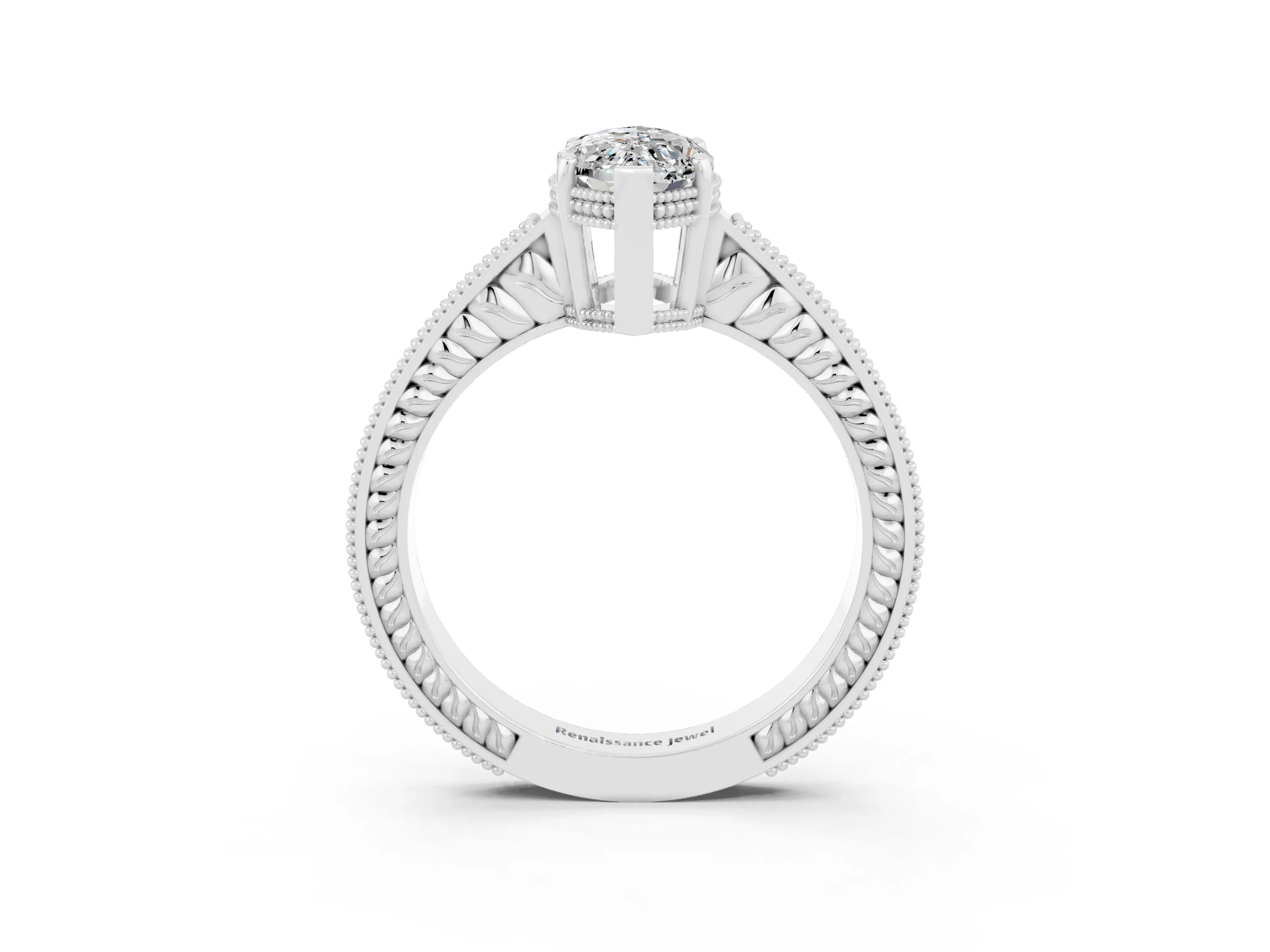 White gold Marquise Cut Moissanite Engagement Ring with Milgrain Channel Set Band and Prong Setting_3