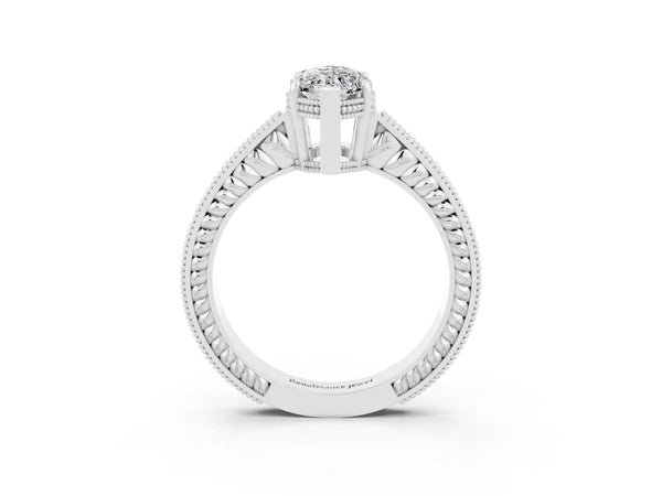 White gold Marquise Cut Moissanite Engagement Ring with Milgrain Channel Set Band and Prong Setting