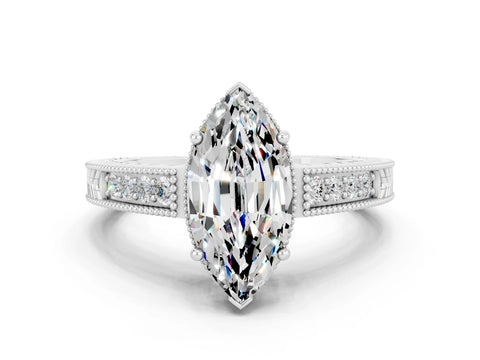 White gold Marquise Cut Moissanite Engagement Ring with Milgrain Channel Set Band and Prong Setting