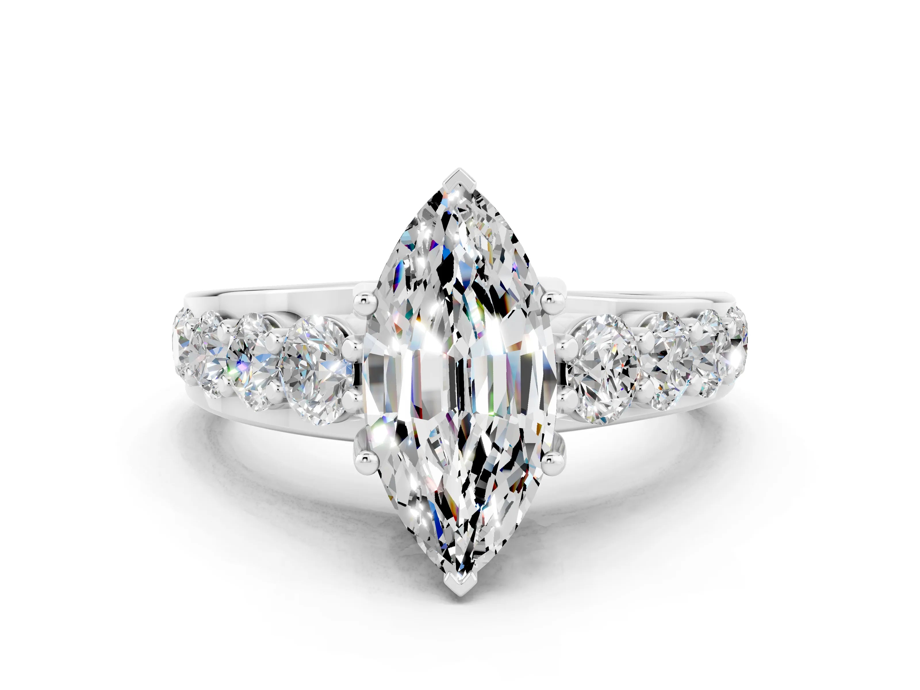 White gold Marquise Cut Moissanite Engagement Ring with Pavé Band and Four-Prong Setting