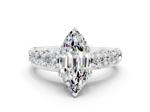 Silver Marquise Cut Moissanite Engagement Ring with Pavé Band and Four-Prong Setting