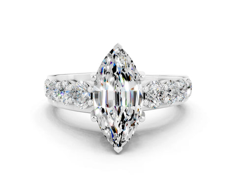 White gold Marquise Cut Moissanite Engagement Ring with Pavé Band and Four-Prong Setting