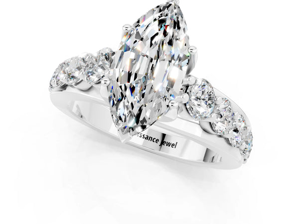 Platinum Marquise Cut Moissanite Engagement Ring with Pavé Band and Four-Prong Setting