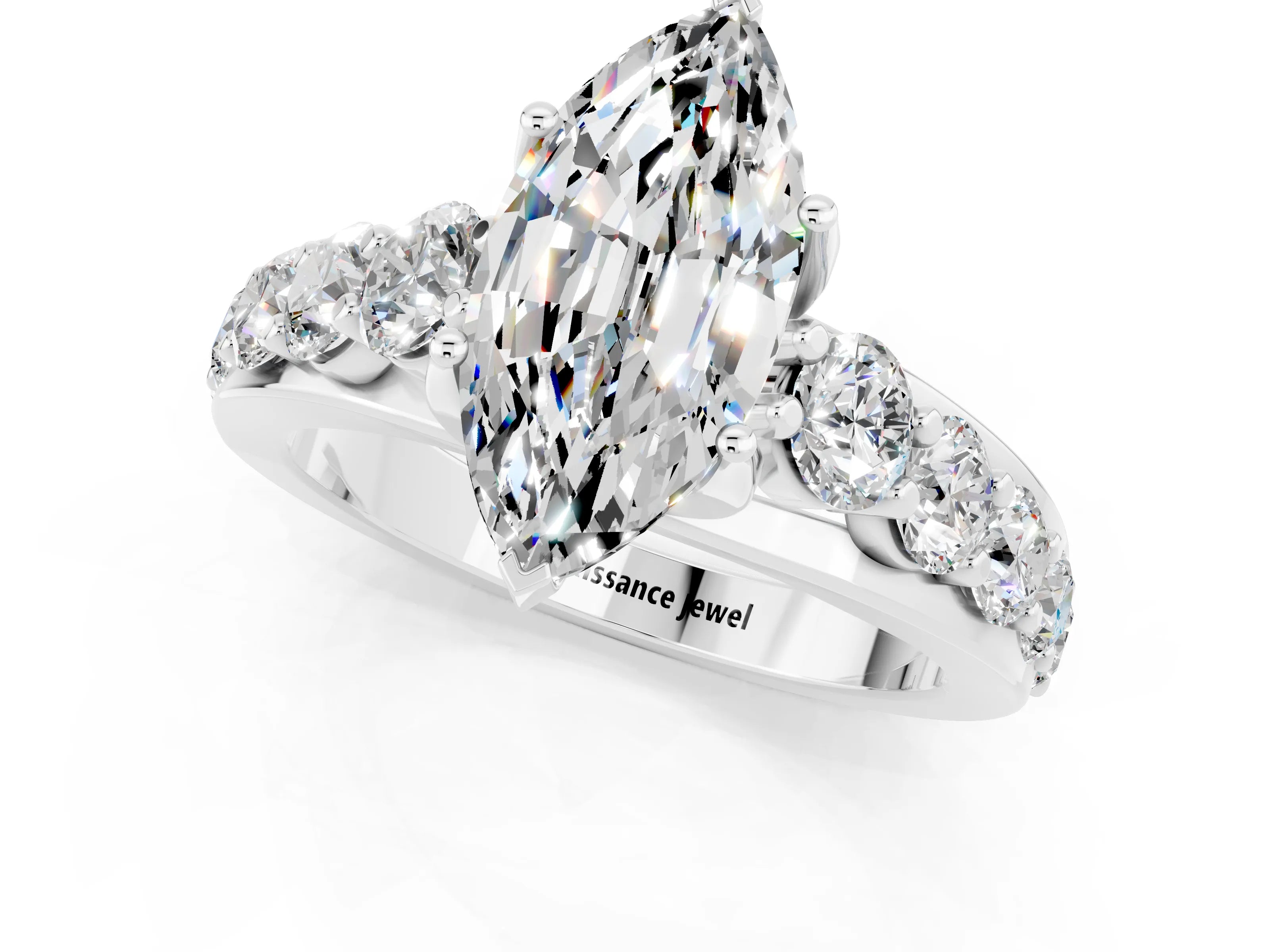 White gold Marquise Cut Moissanite Engagement Ring with Pavé Band and Four-Prong Setting_1