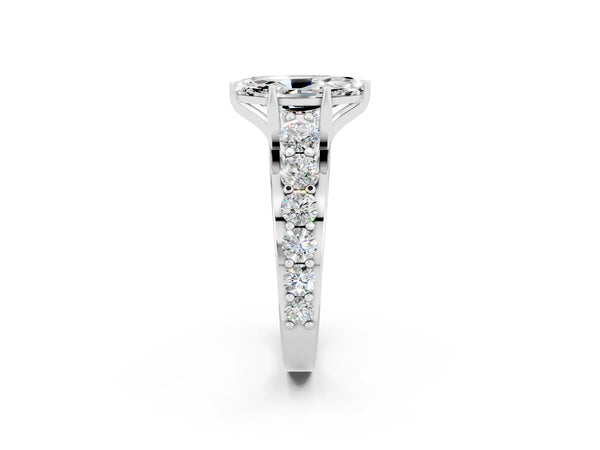 White gold Marquise Cut Moissanite Engagement Ring with Pavé Band and Four-Prong Setting