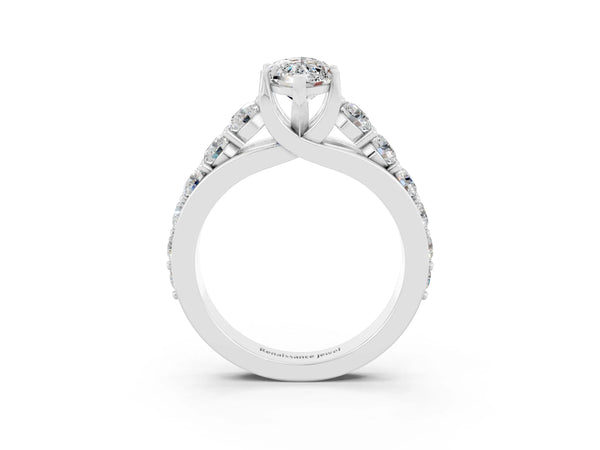 Platinum Marquise Cut Moissanite Engagement Ring with Pavé Band and Four-Prong Setting