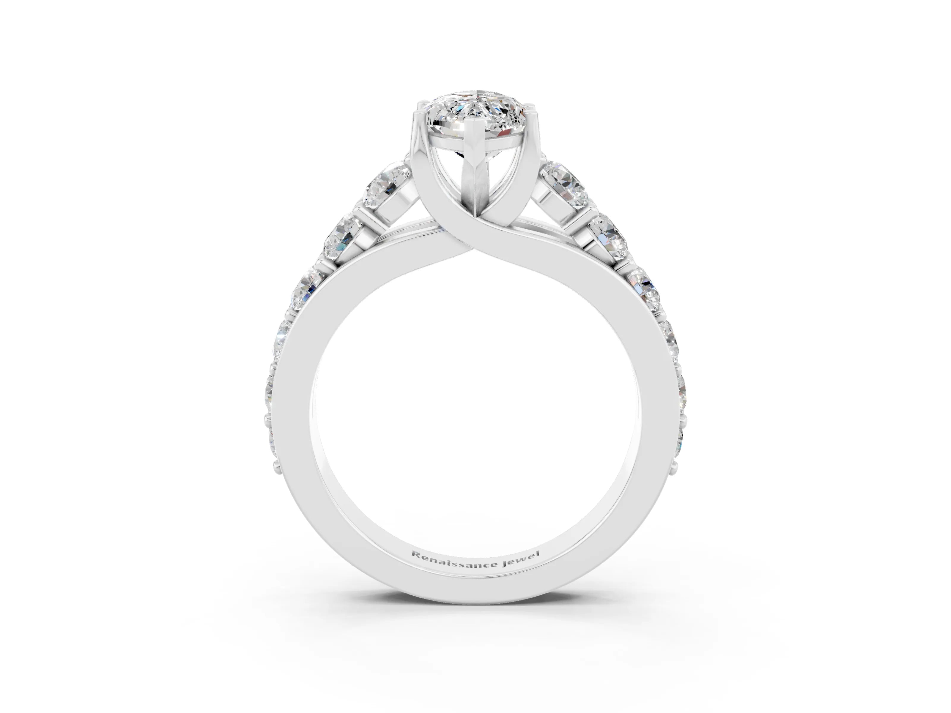 White gold Marquise Cut Moissanite Engagement Ring with Pavé Band and Four-Prong Setting_3