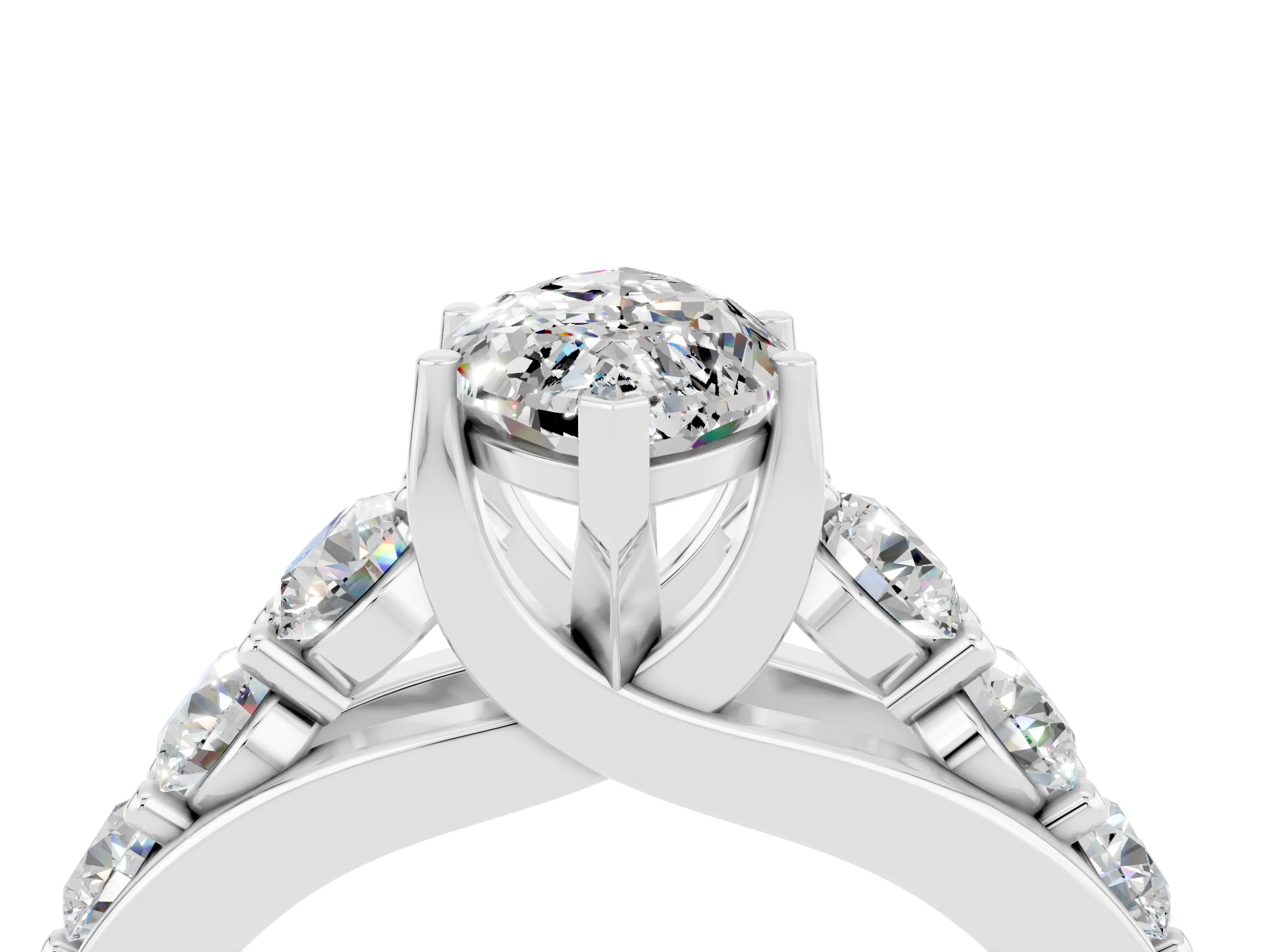 White gold Marquise Cut Moissanite Engagement Ring with Pavé Band and Four-Prong Setting_4