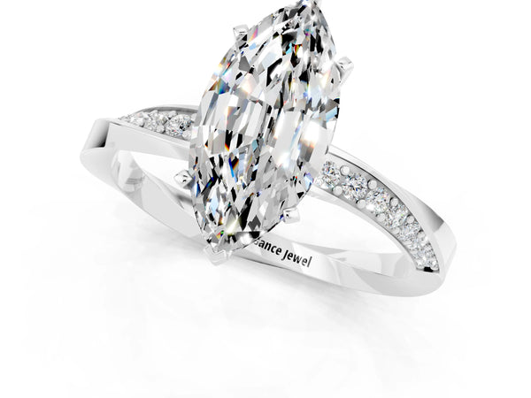 Platinum Marquise Cut Moissanite Engagement Ring with Side Stone Accents and Four-Prong Setting