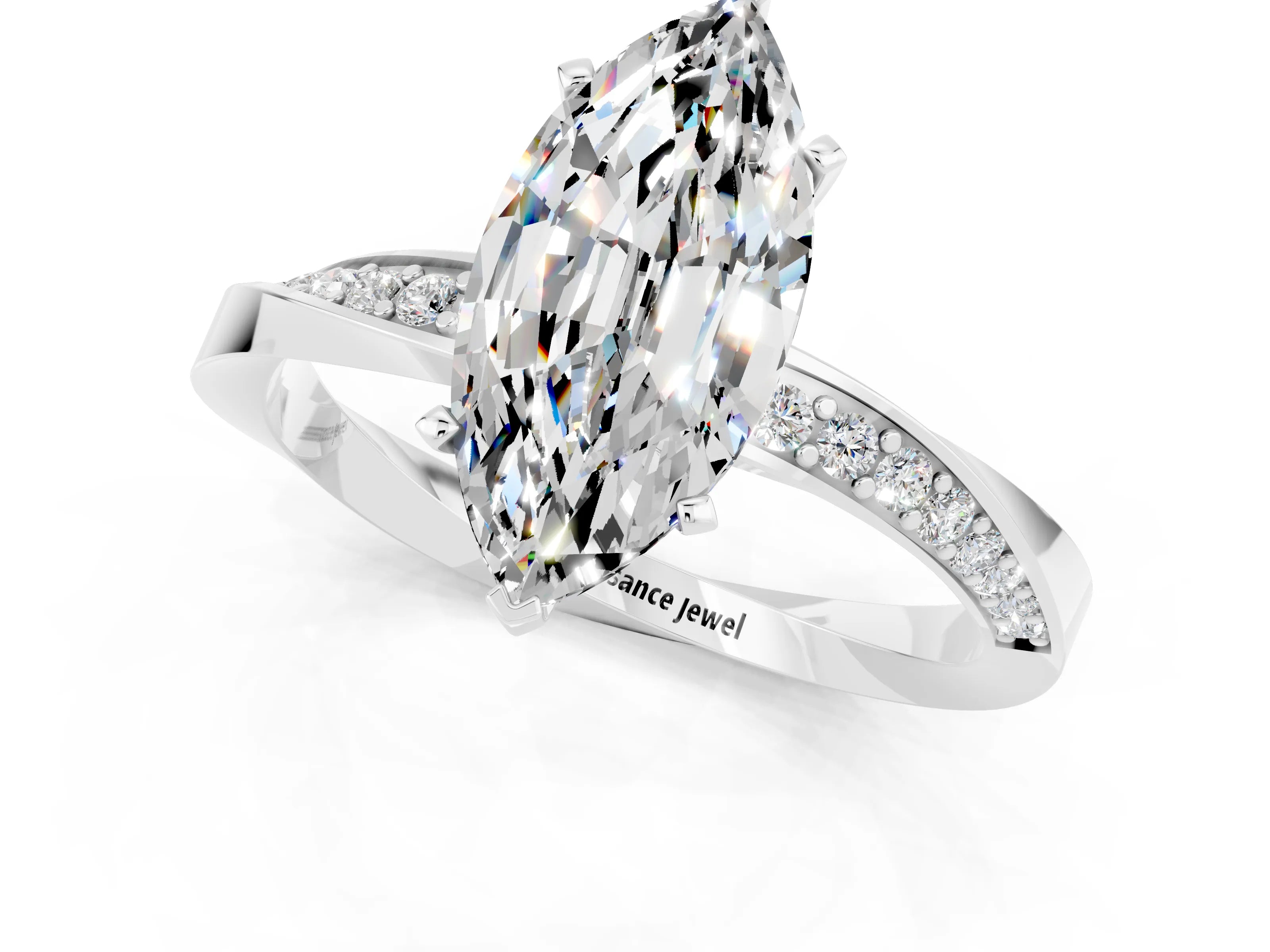 White gold Marquise Cut Moissanite Engagement Ring with Side Stone Accents and Four-Prong Setting_28