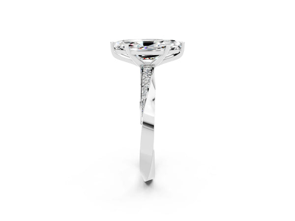 Platinum Marquise Cut Moissanite Engagement Ring with Side Stone Accents and Four-Prong Setting