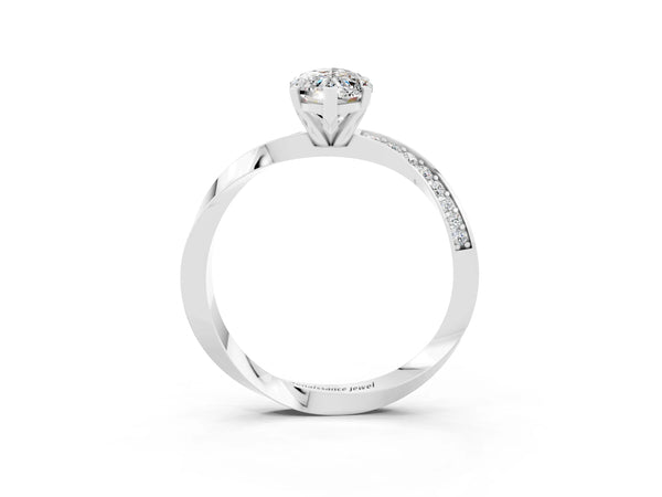 Silver Marquise Cut Moissanite Engagement Ring with Side Stone Accents and Four-Prong Setting