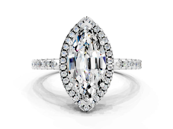 Silver Marquise Cut Moissanite Halo Engagement Ring with Pavé Band and Prong Setting